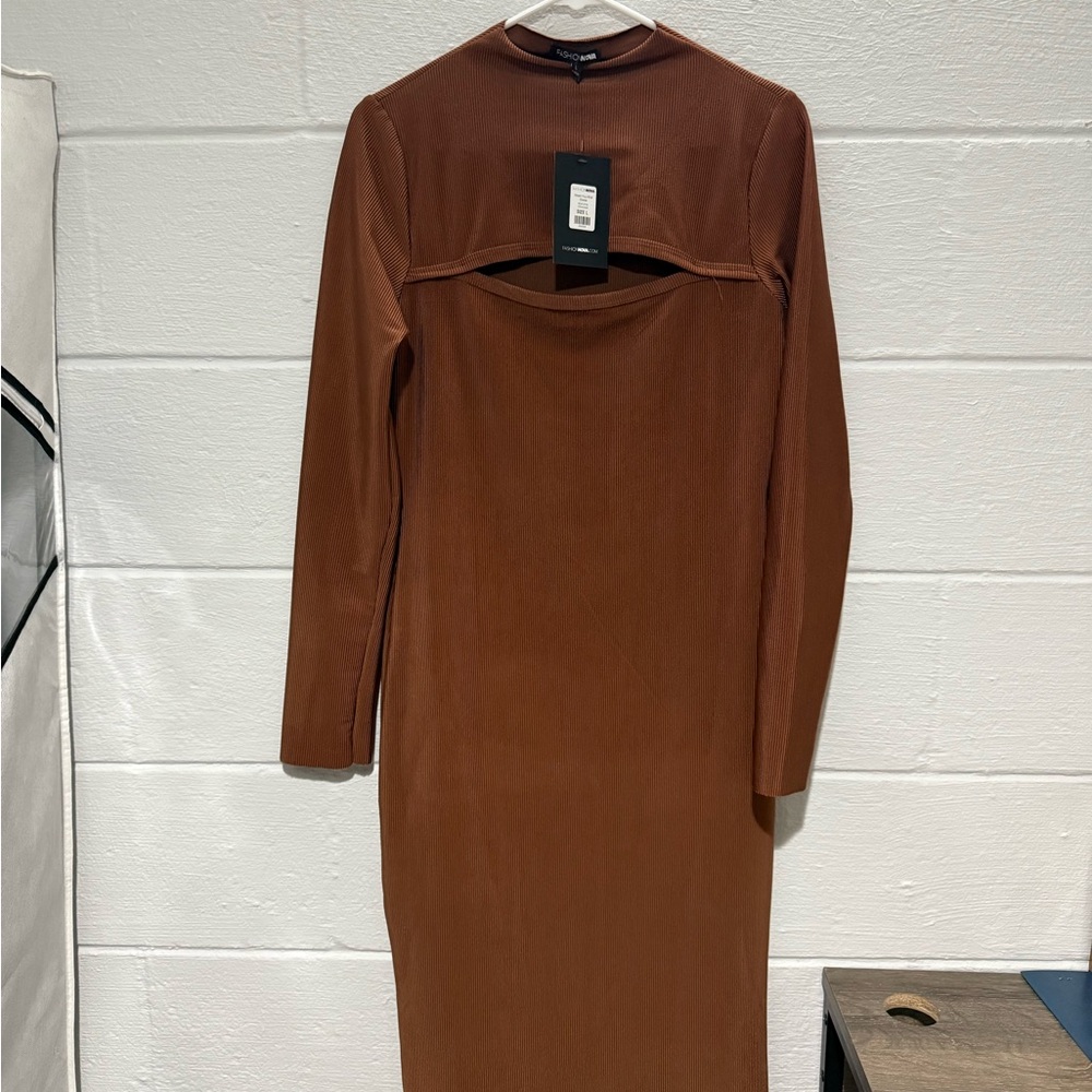 Fashion Nova Brown Ribbed Cut Out Midi Dress